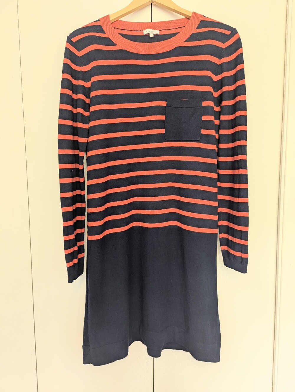 Cyrillus Designer Navy and Red Striped Cotton And Silk Long-Sleeve Dress